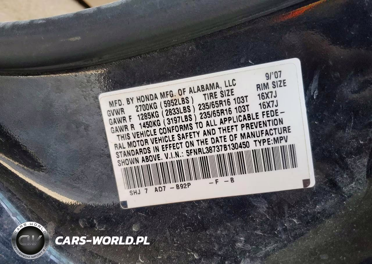 2007 Honda Odyssey Exl VIN:5FNRL38737B130450 - 13