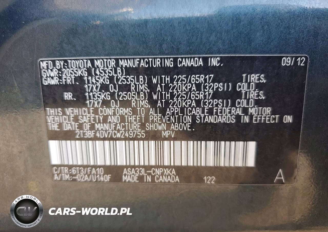2012 Toyota Rav4 Base VIN:2T3BF4DV7CW249755 - 12