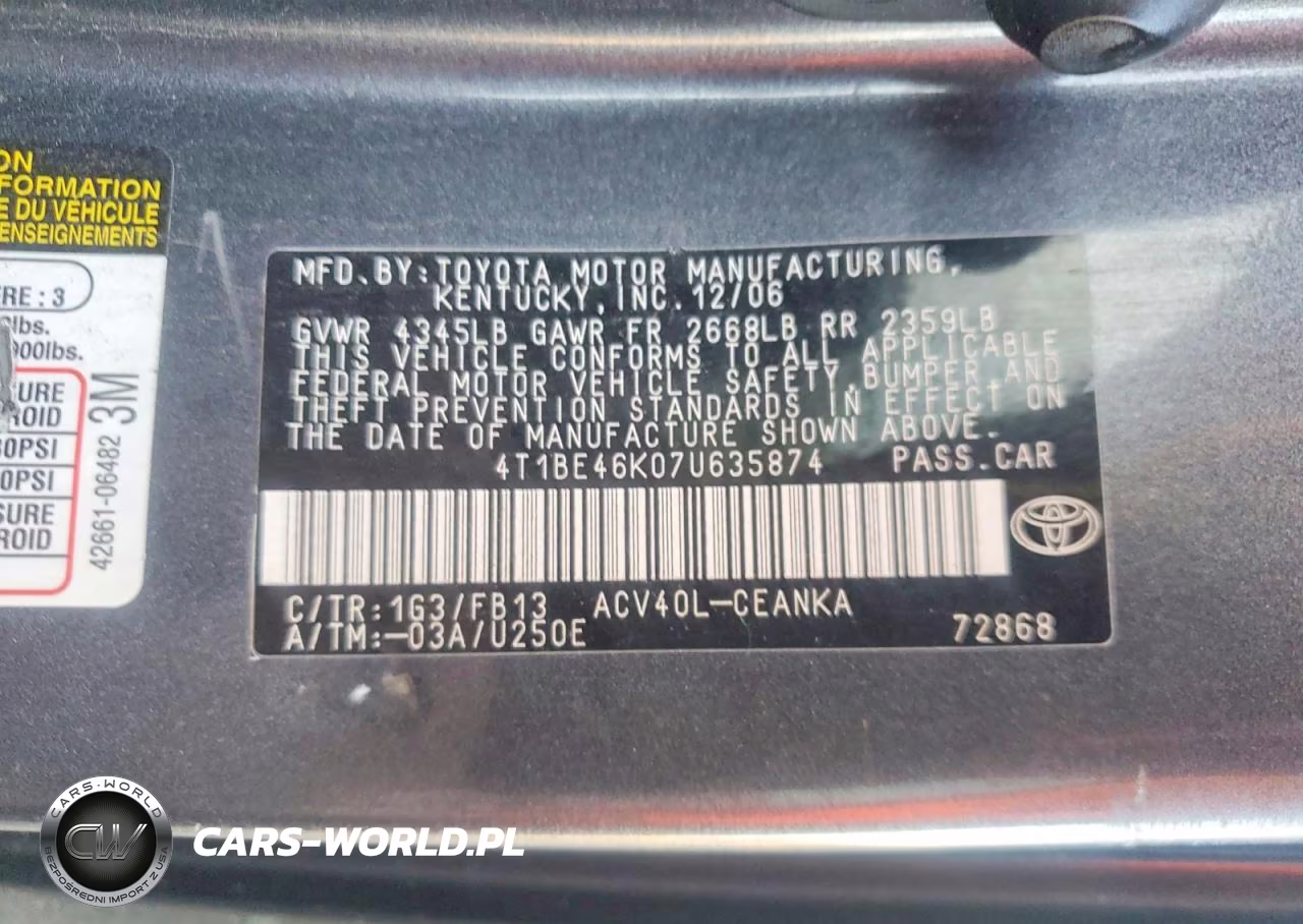 2007 Toyota Camry Le VIN:4T1BE46K07U635874 - 12