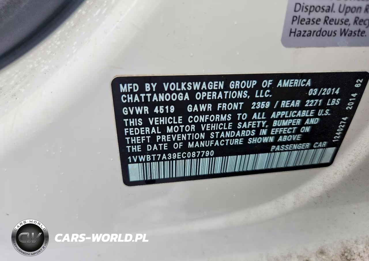 2014 Volkswagen Passat Se VIN:1VWBT7A39EC087790 - 12