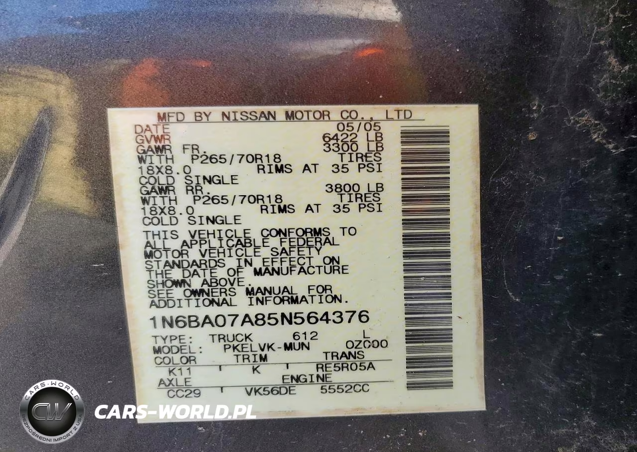 2005 Nissan Titan Xe VIN:1N6BA07A85N564376 - 13
