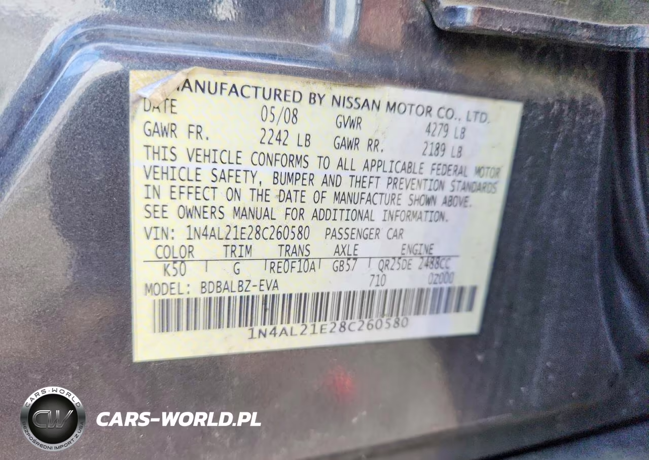 2008 Nissan Altima 2.5 VIN:1N4AL21E28C260580 - 12