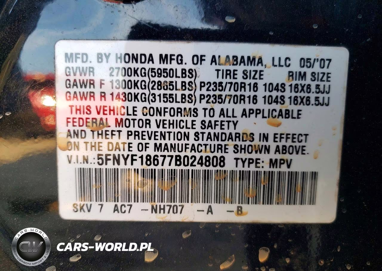 2007 Honda Pilot Exl VIN:5FNYF18677B024808 - 13