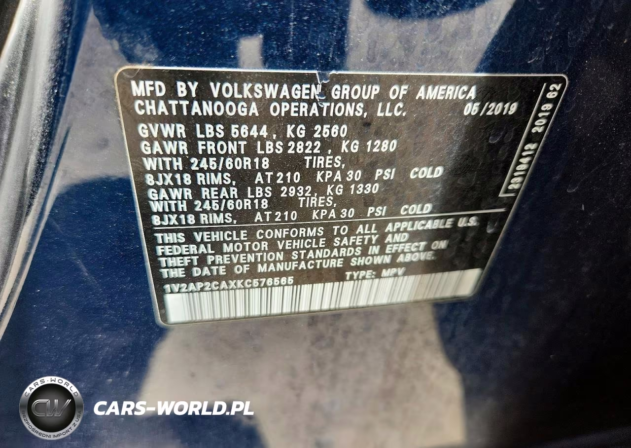 2019 Volkswagen Atlas S VIN:1V2AP2CAXKC576565 - 13