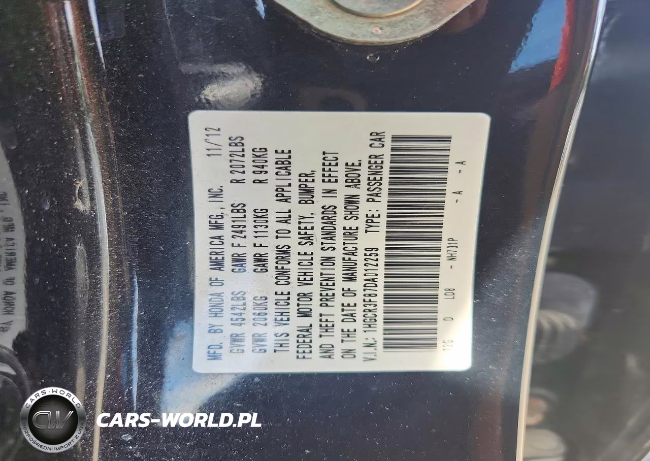 2013 Honda Accord Exl VIN:1HGCR3F87DA012259 - 12