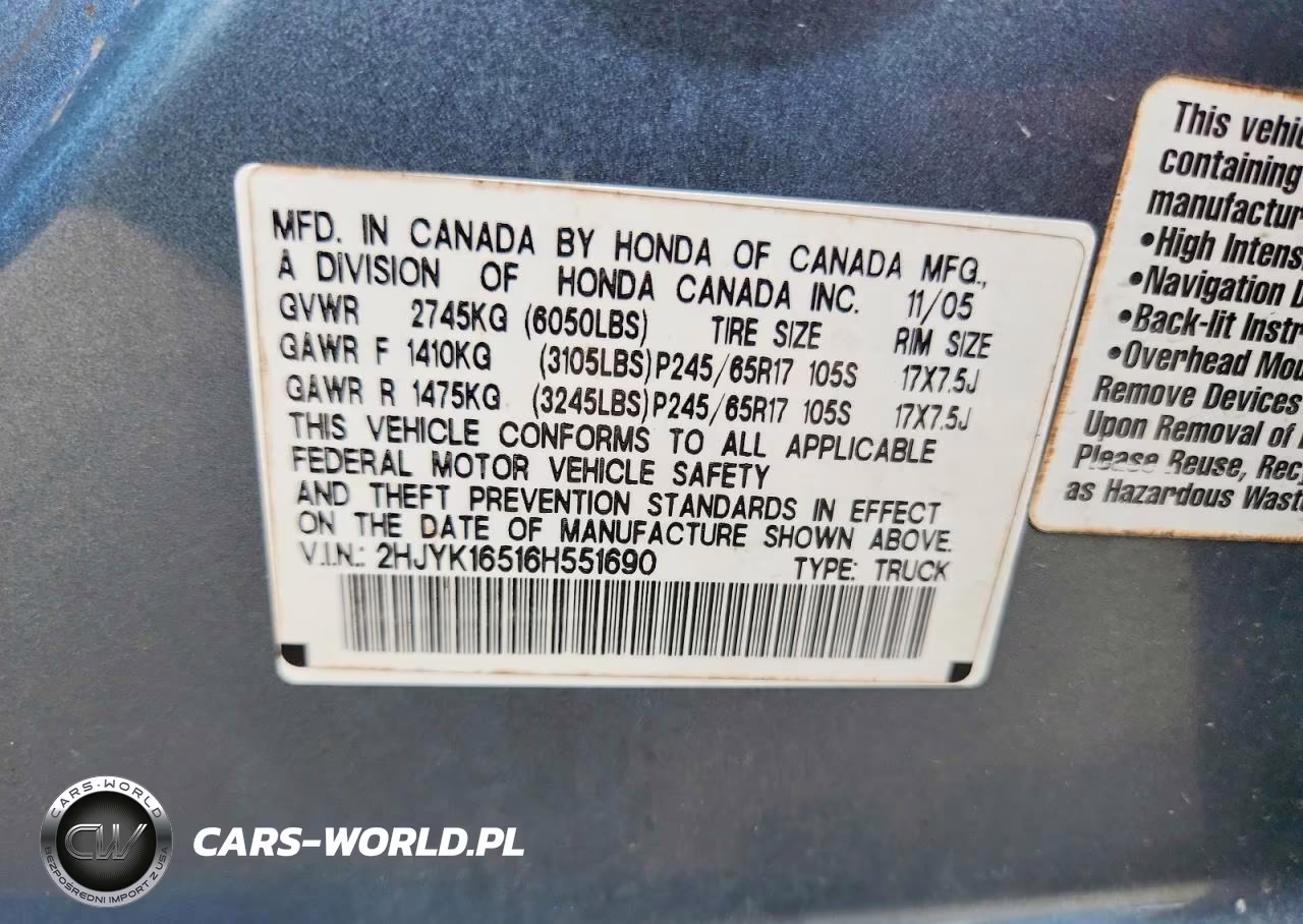 2006 Honda Ridgeline Rtl VIN:2HJYK16516H551690 - 13