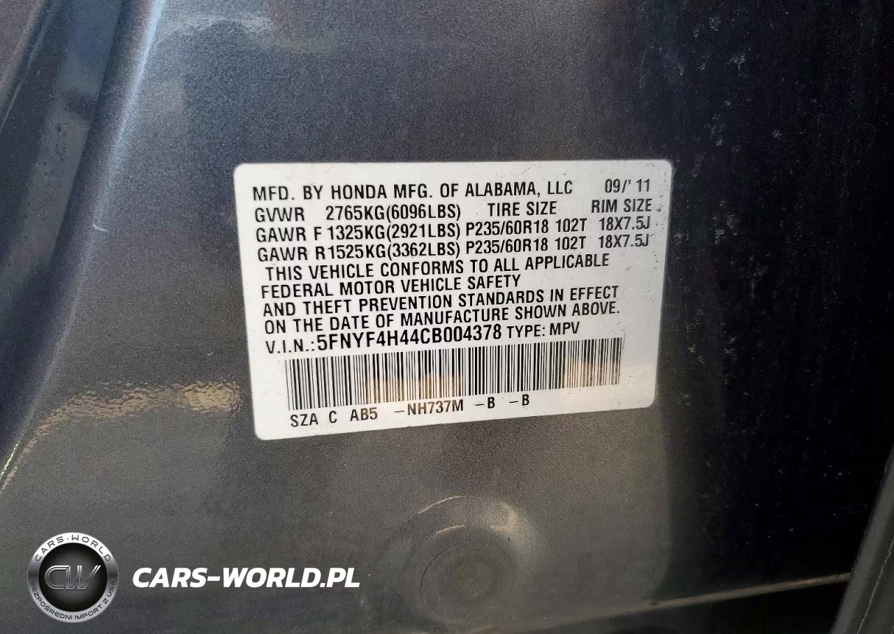 2012 Honda Pilot Ex VIN:5FNYF4H44CB004378 - 13