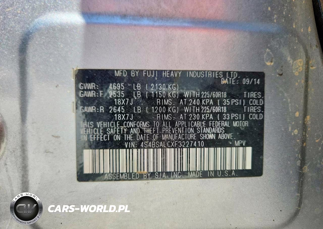 2015 Subaru Outback 2.5I Limited VIN:4S4BSALCXF3227410 - 14