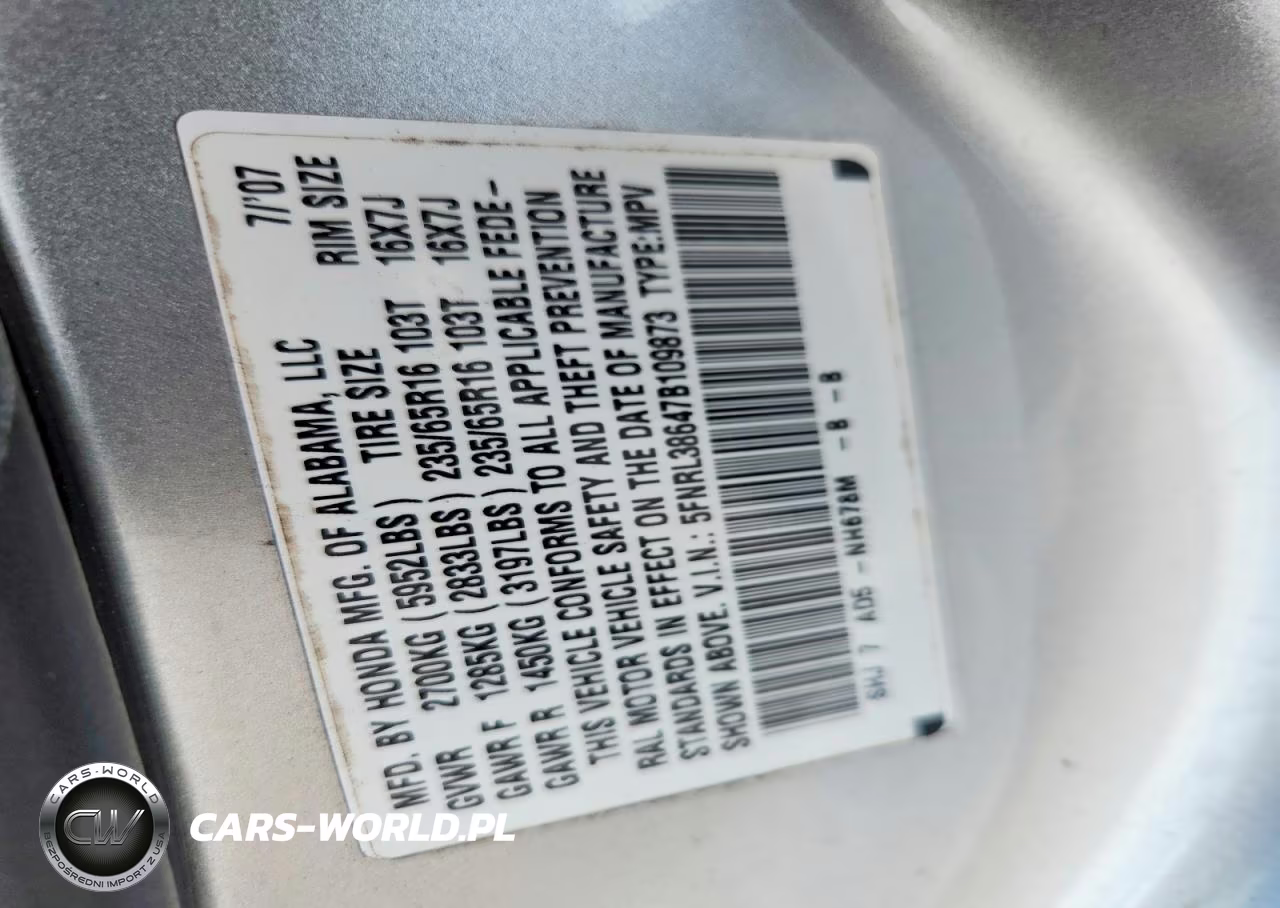 2007 Honda Odyssey Exl VIN:5FNRL38647B109873 - 14