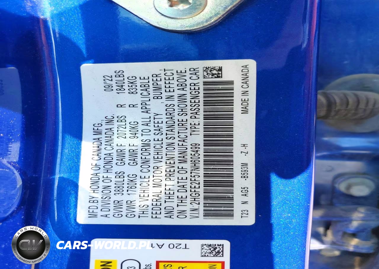 2022 Honda Civic Sport VIN:2HGFE2F57NH605499 - 12