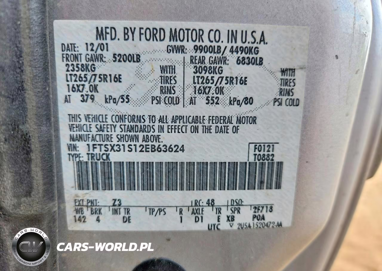 2002 Ford F350 Srw Super Duty VIN:1FTSX31S12EB63624 - 12