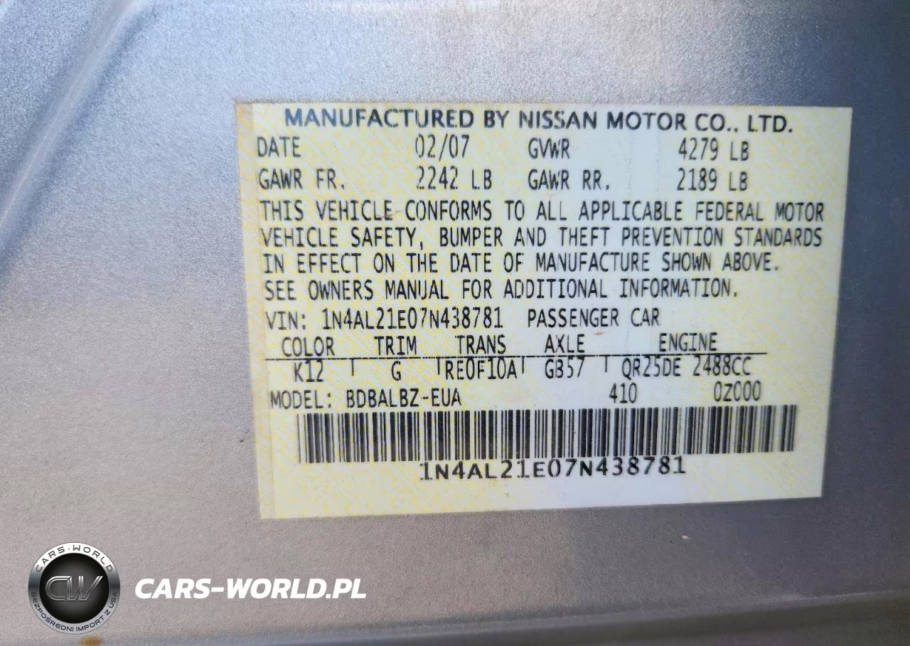 2007 Nissan Altima 2.5 VIN:1N4AL21E07N438781 - 13
