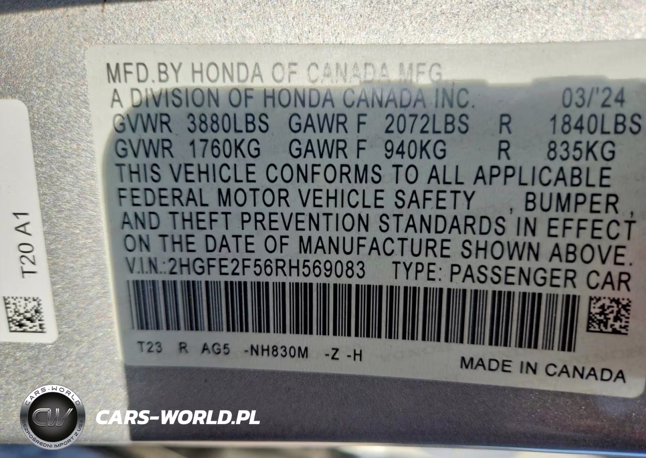 2024 Honda Civic Sport VIN:2HGFE2F56RH569083 - 13