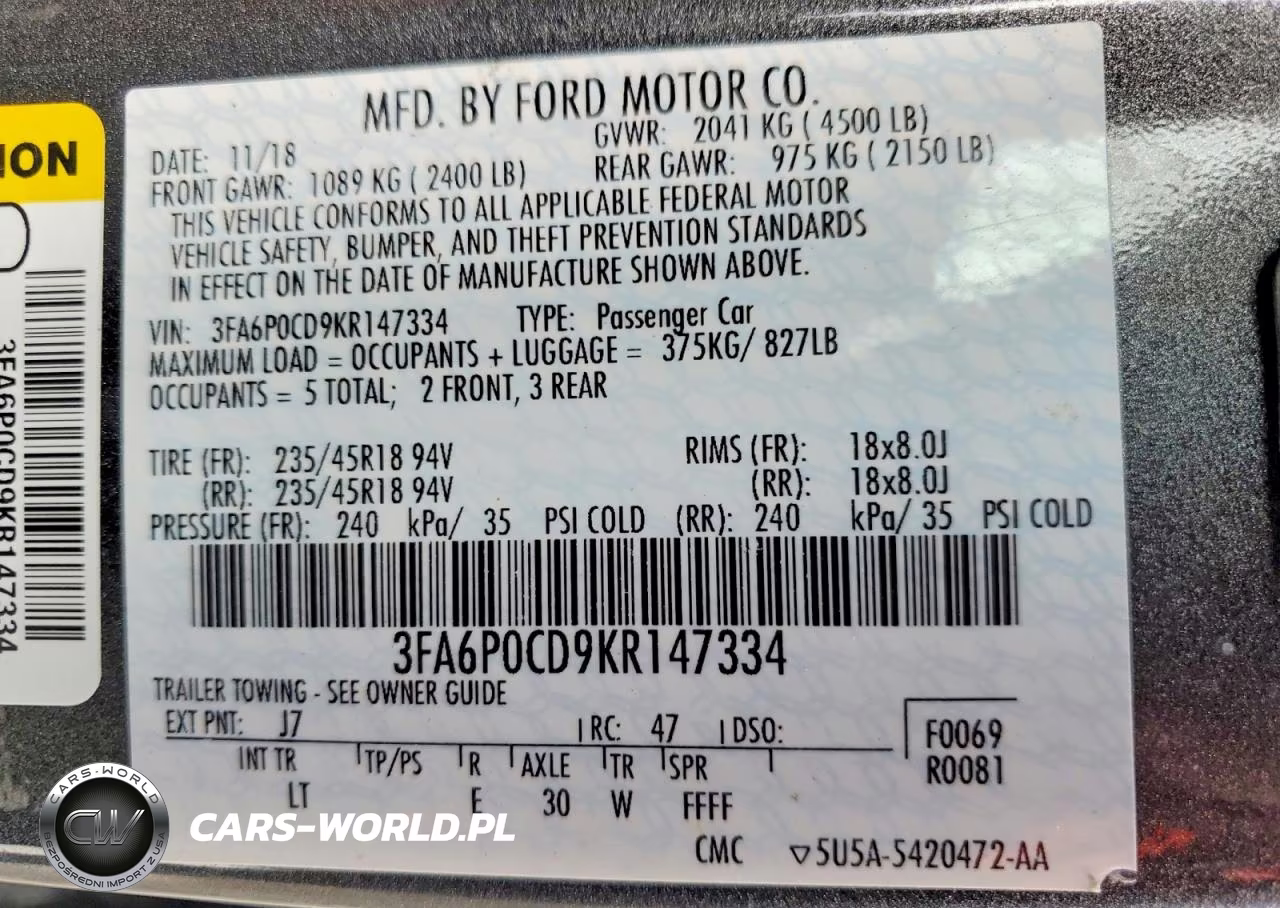 2019 Ford Fusion Sel VIN:3FA6P0CD9KR147334 - 12
