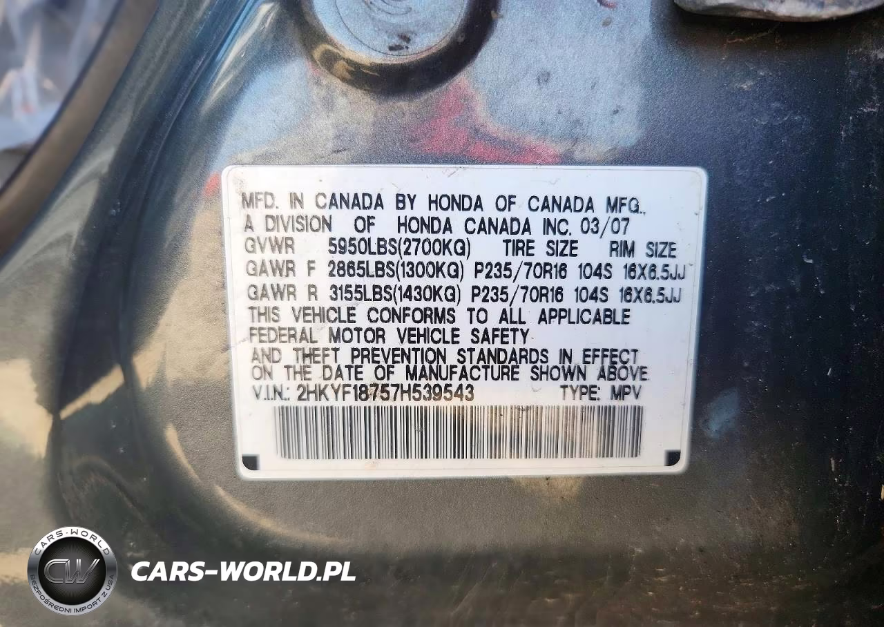 2007 Honda Pilot Exl VIN:2HKYF18757H539543 - 13