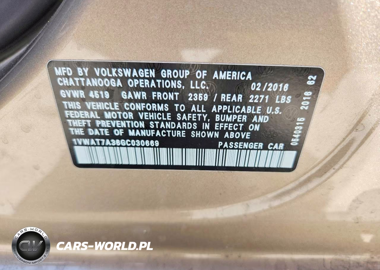 2016 Volkswagen Passat S VIN:1VWAT7A36GC030669 - 12