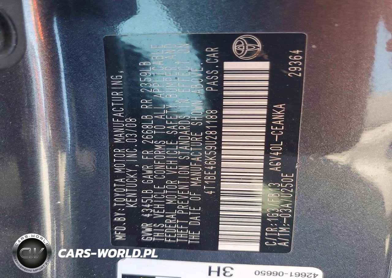2009 Toyota Camry Le VIN:4T1BE46K59U281188 - 12
