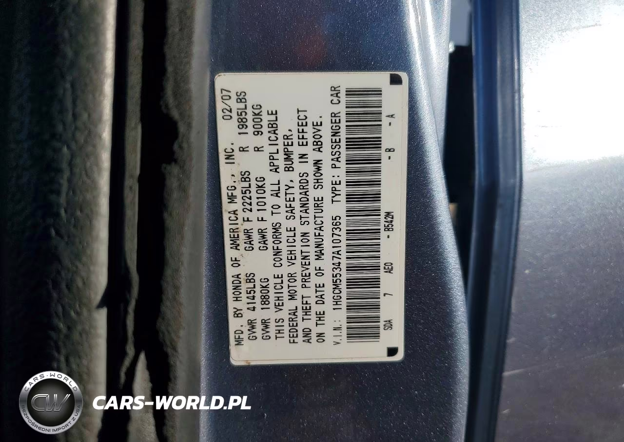 2007 Honda Accord Se VIN:1HGCM55347A107365 - 12