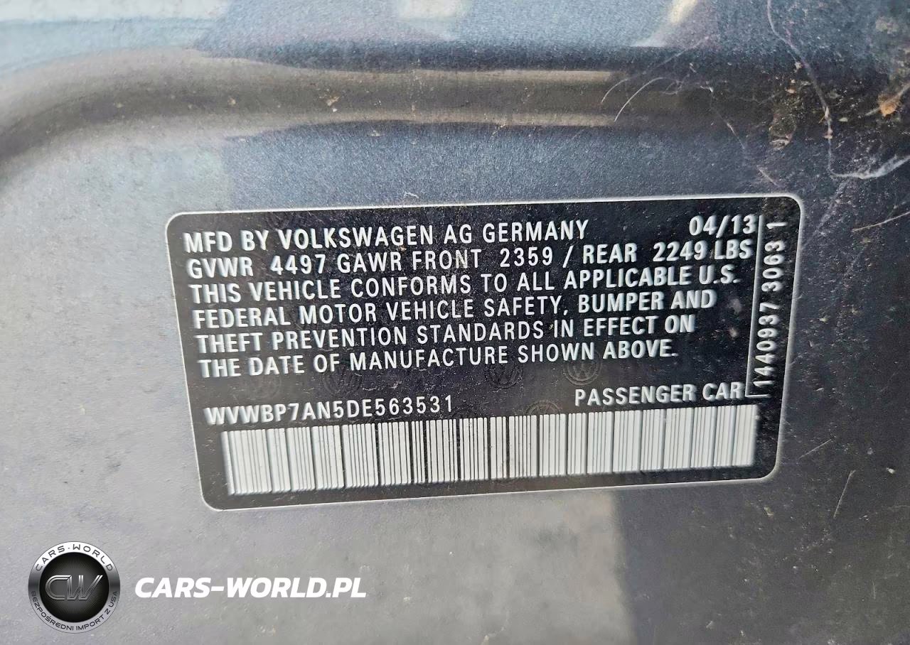 2013 Volkswagen Cc Sport VIN:WVWBP7AN5DE563531 - 12