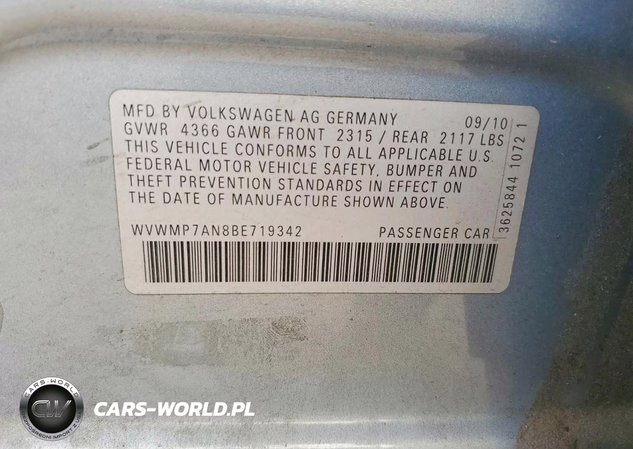 2011 Volkswagen Cc Sport VIN:WVWMP7AN8BE719342 - 12