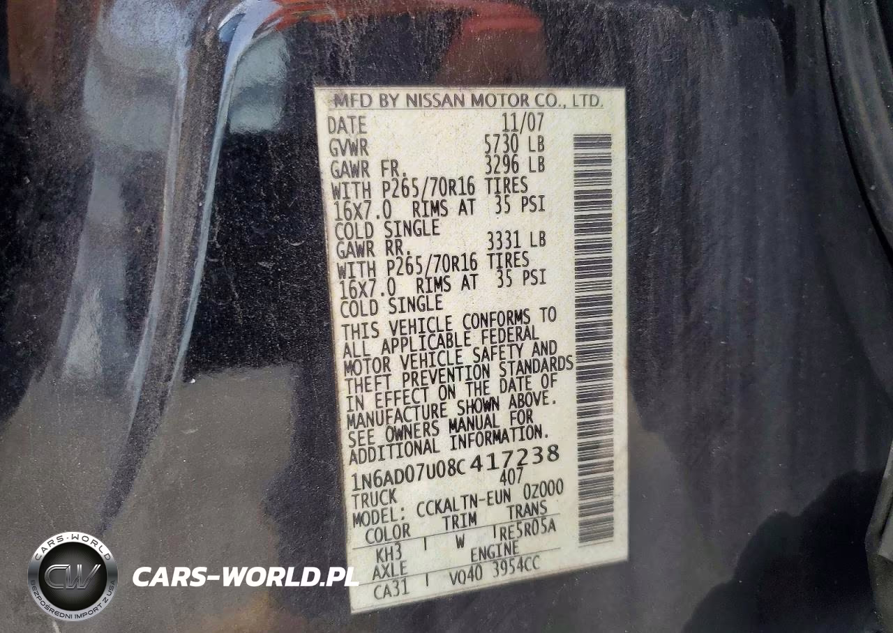2008 Nissan Frontier Se V6 VIN:1N6AD07U08C417238 - 12