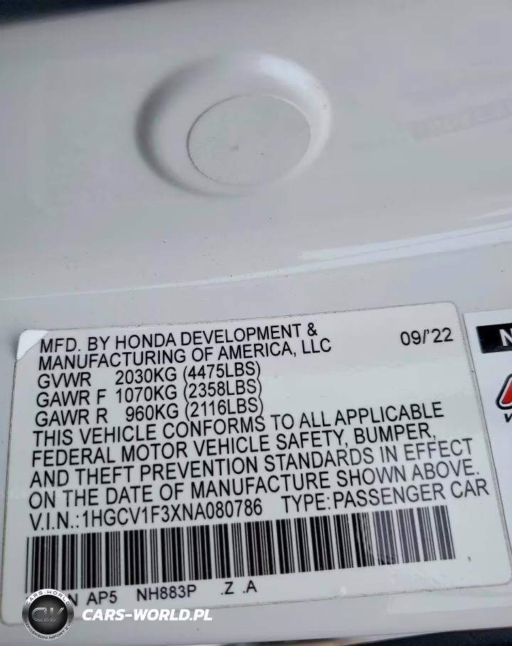 2022 Honda Accord Sport VIN:1HGCV1F3XNA080786 - 13