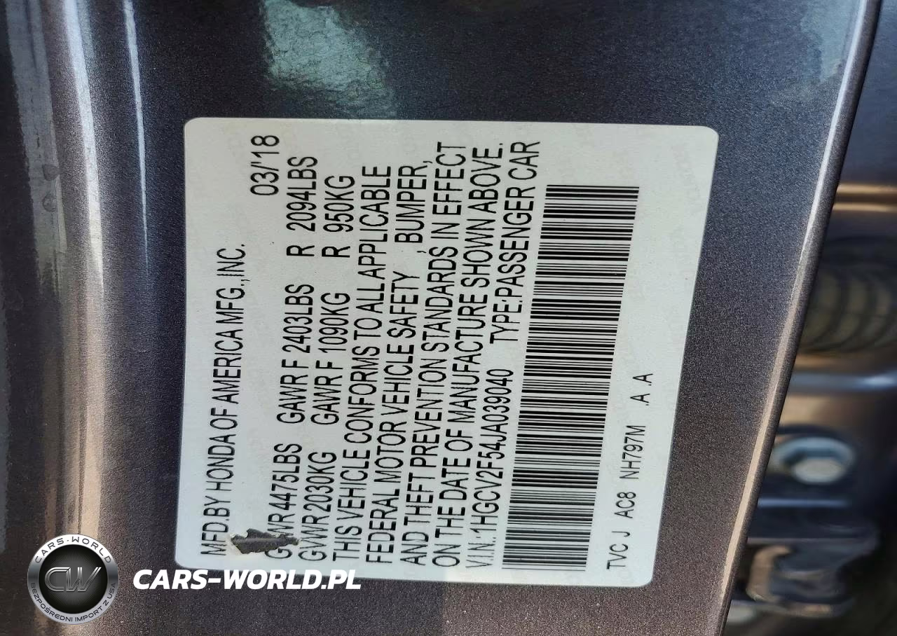 2018 Honda Accord Exl VIN:1HGCV2F54JA039040 - 12