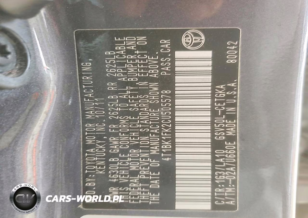 2012 Toyota Camry Xle V6 VIN:4T1BK1FK2CU505578 - 12