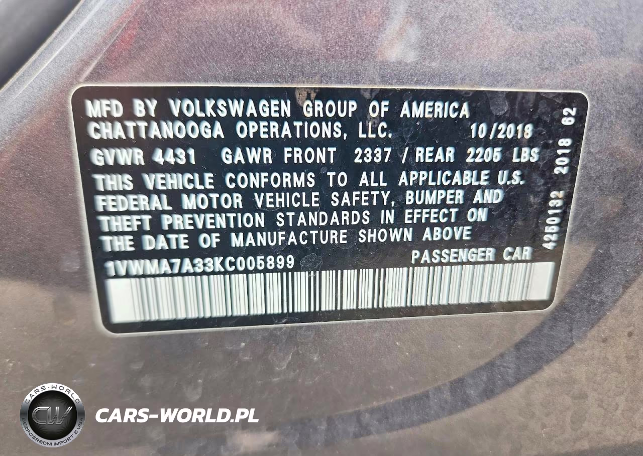2019 Volkswagen Passat Se R-Line VIN:1VWMA7A33KC005899 - 13