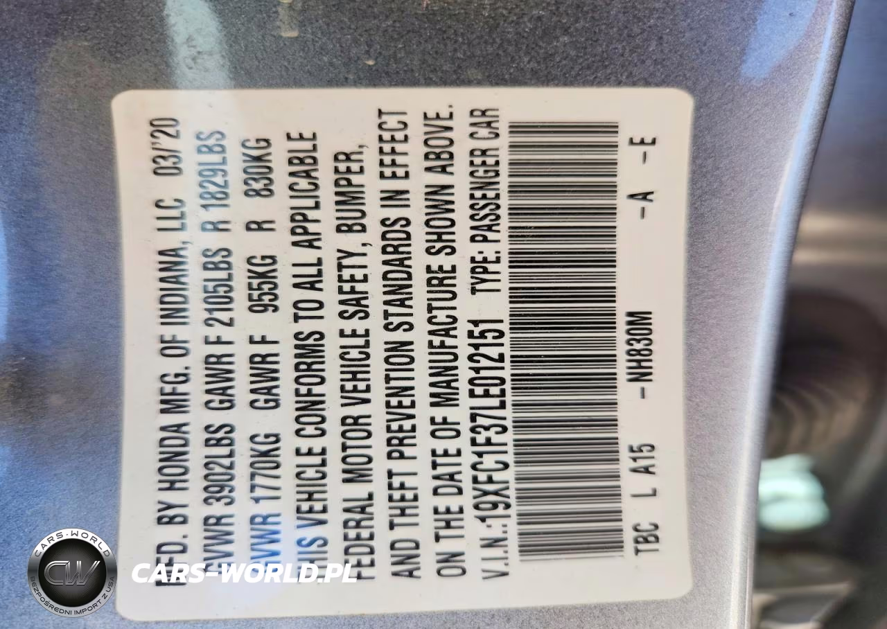 2020 Honda Civic Ex VIN:19XFC1F37LE012151 - 12
