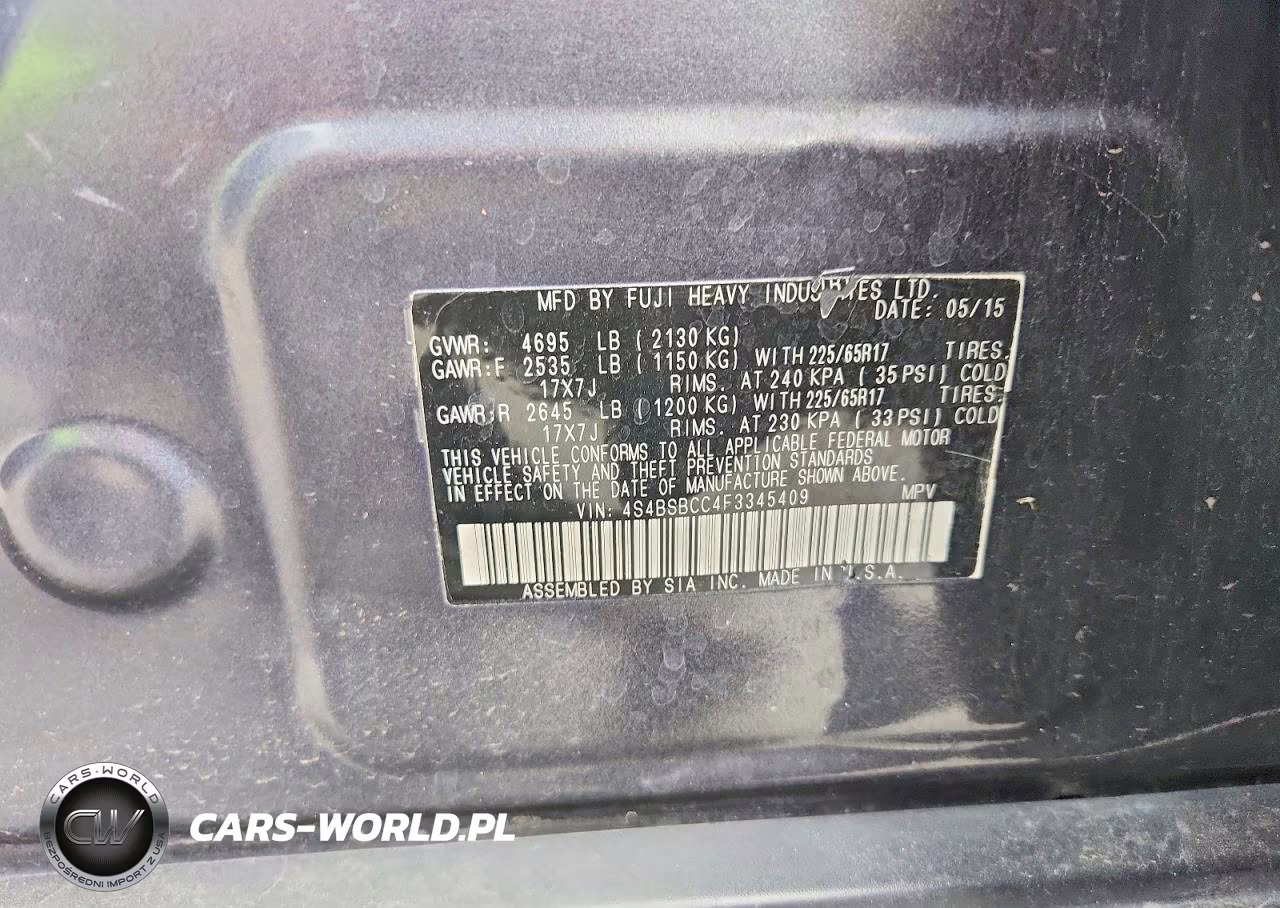 2015 Subaru Outback 2.5I Premium VIN:4S4BSBCC4F3345409 - 14