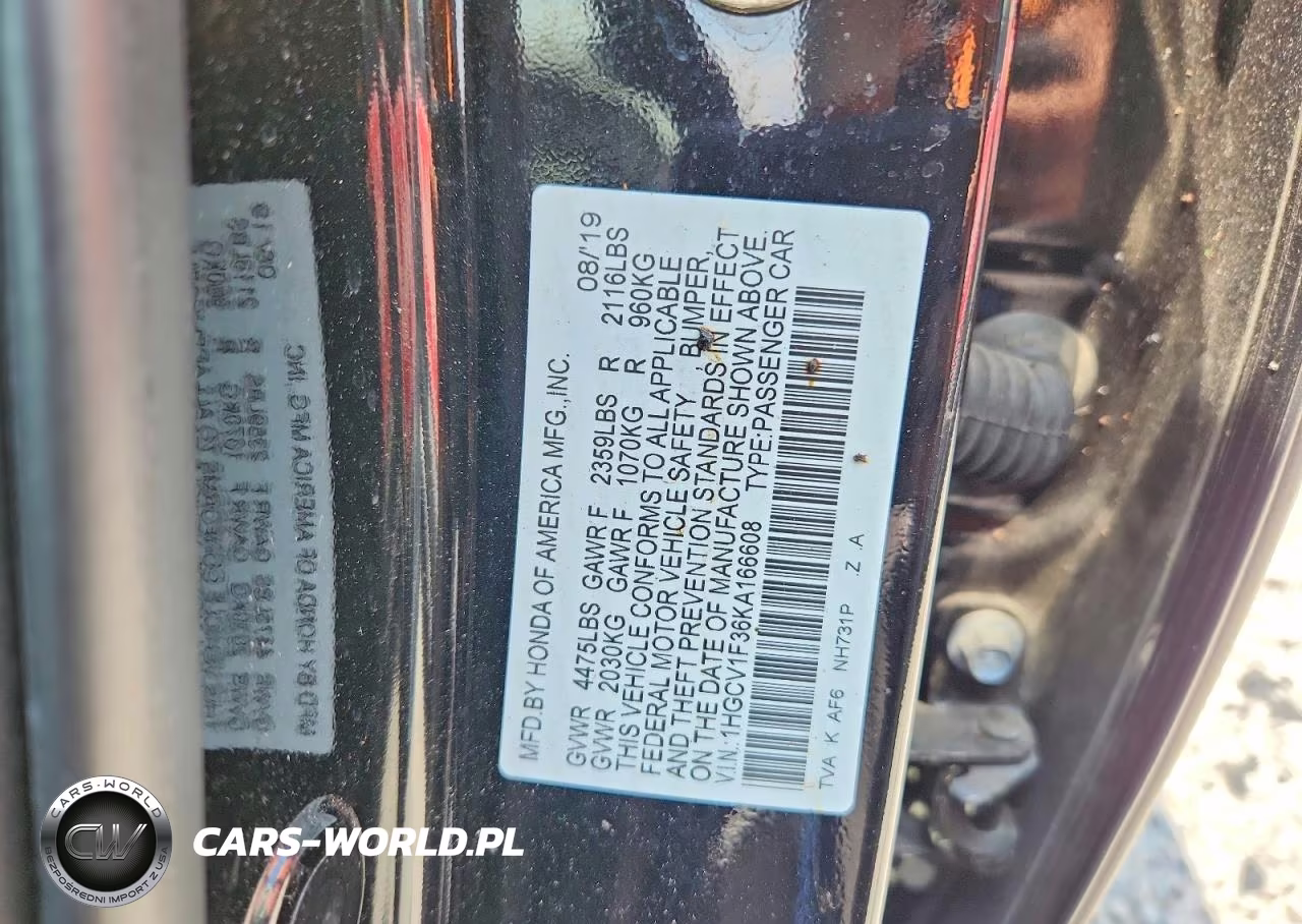 2019 Honda Accord Sport VIN:1HGCV1F36KA166608 - 12