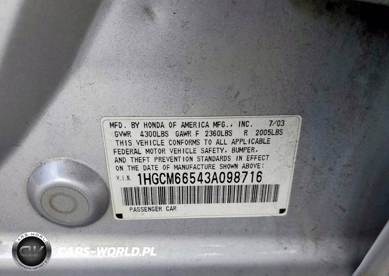2003 Honda Accord Ex VIN:1HGCM66543A098716 - 12