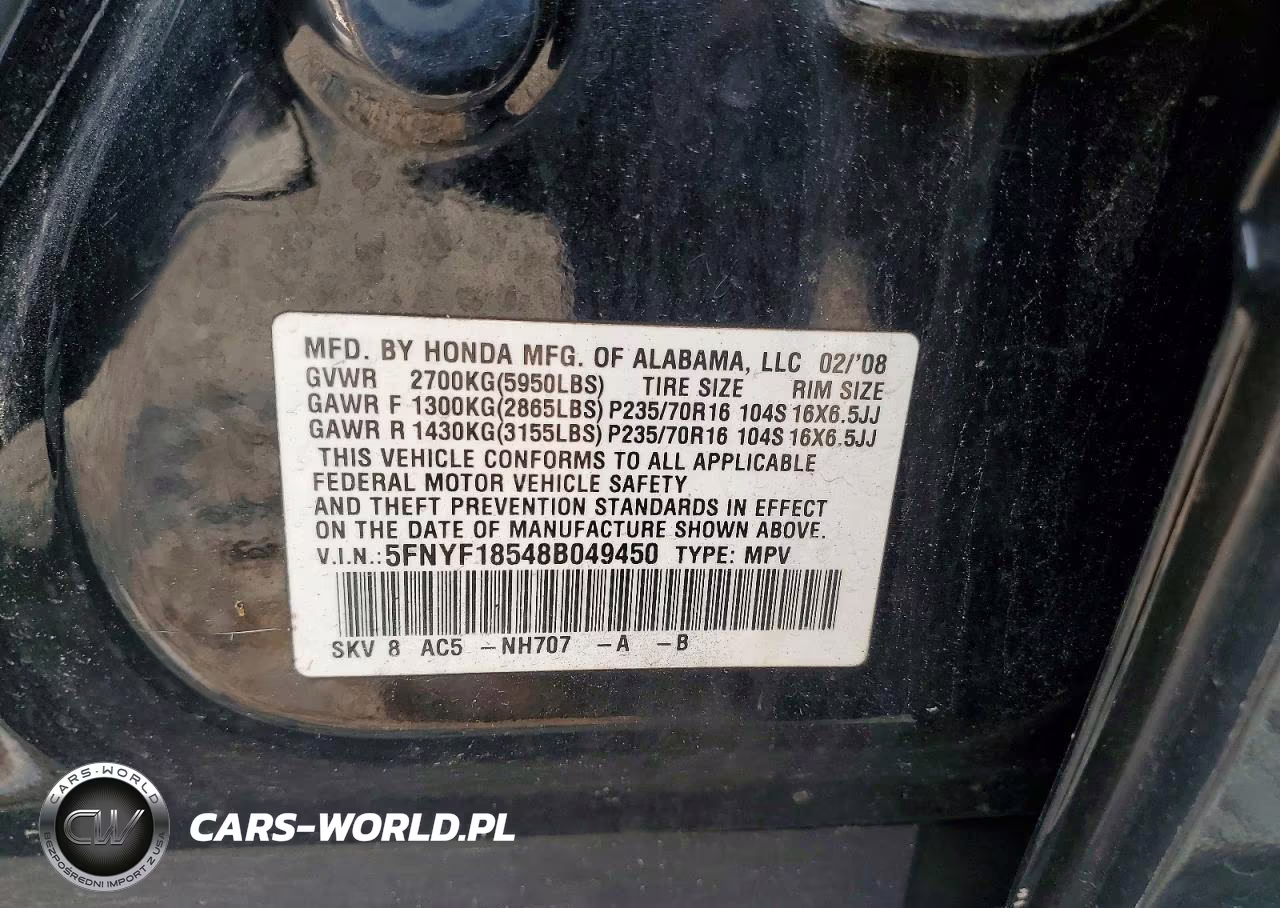 2008 Honda Pilot Exl VIN:5FNYF18548B049450 - 12