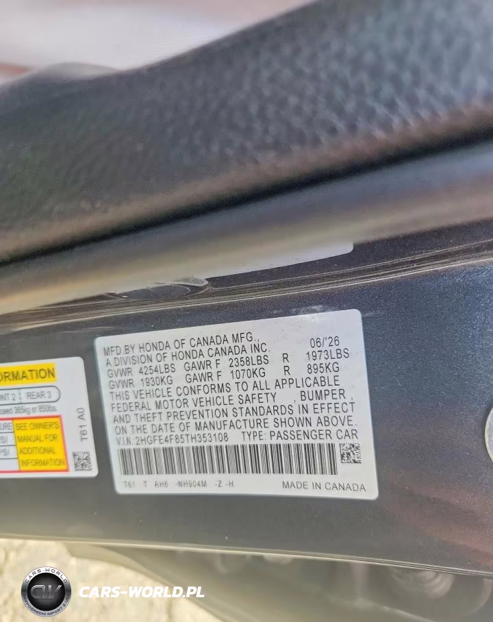 2026 Honda Civic Sport VIN:2HGFE4F85TH353108 - 12