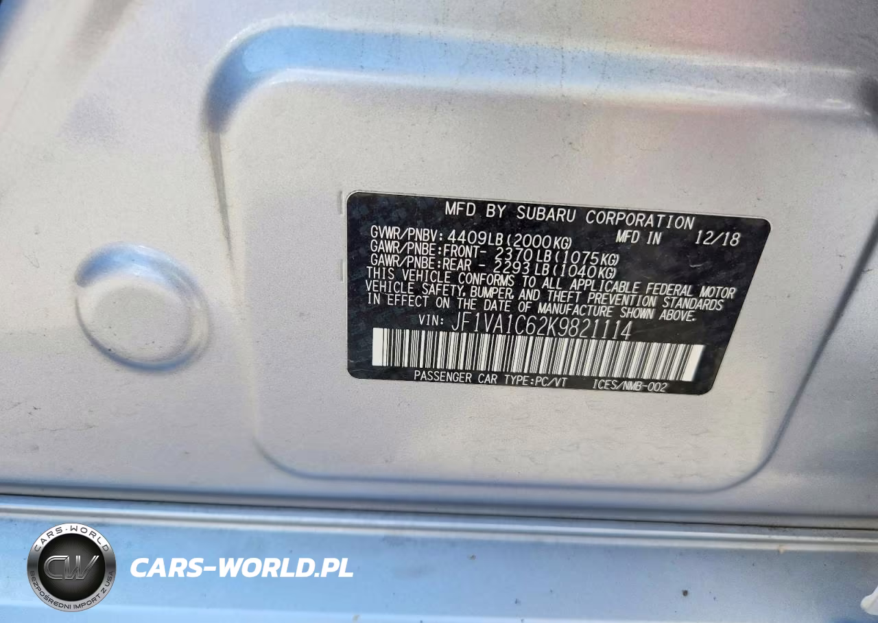 2019 Subaru Wrx Premium VIN:JF1VA1C62K9821114 - 12