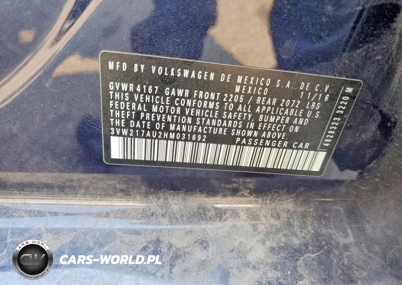 2017 Volkswagen Golf S VIN:3VW217AU2HM031692 - 14