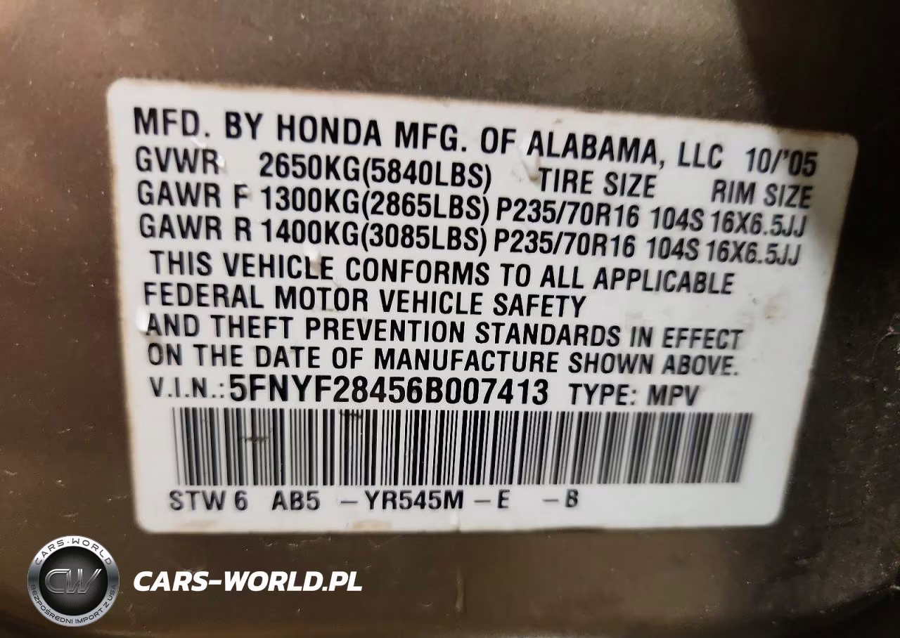 2006 Honda Pilot Ex VIN:5FNYF28456B007413 - 12