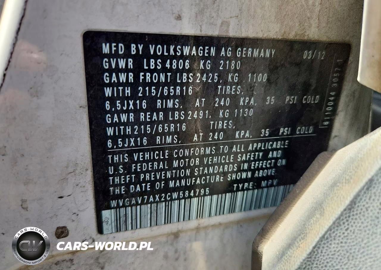 2012 Volkswagen Tiguan S VIN:WVGAV7AX2CW584795 - 13