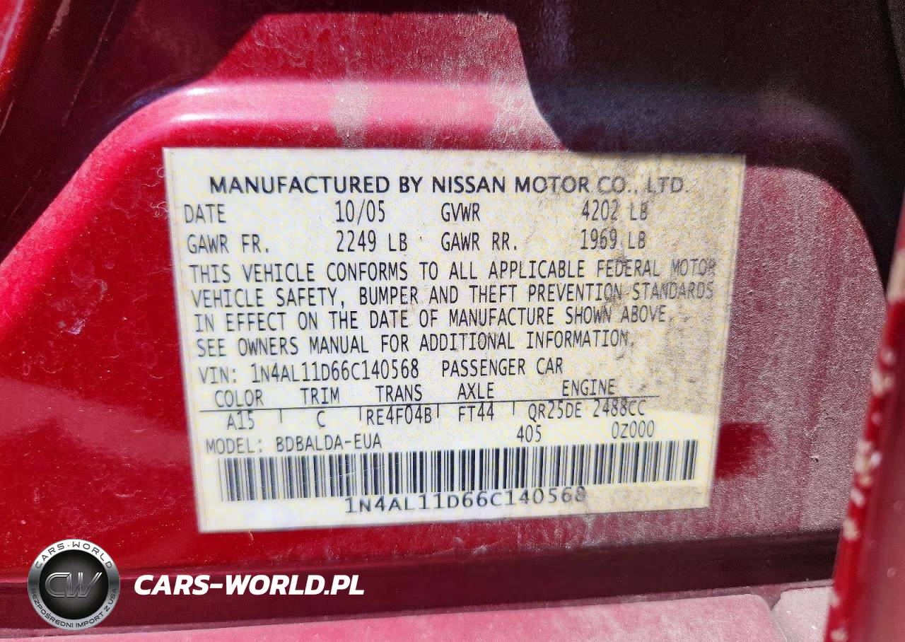 2006 Nissan Altima 2.5 VIN:1N4AL11D66C140568 - 12