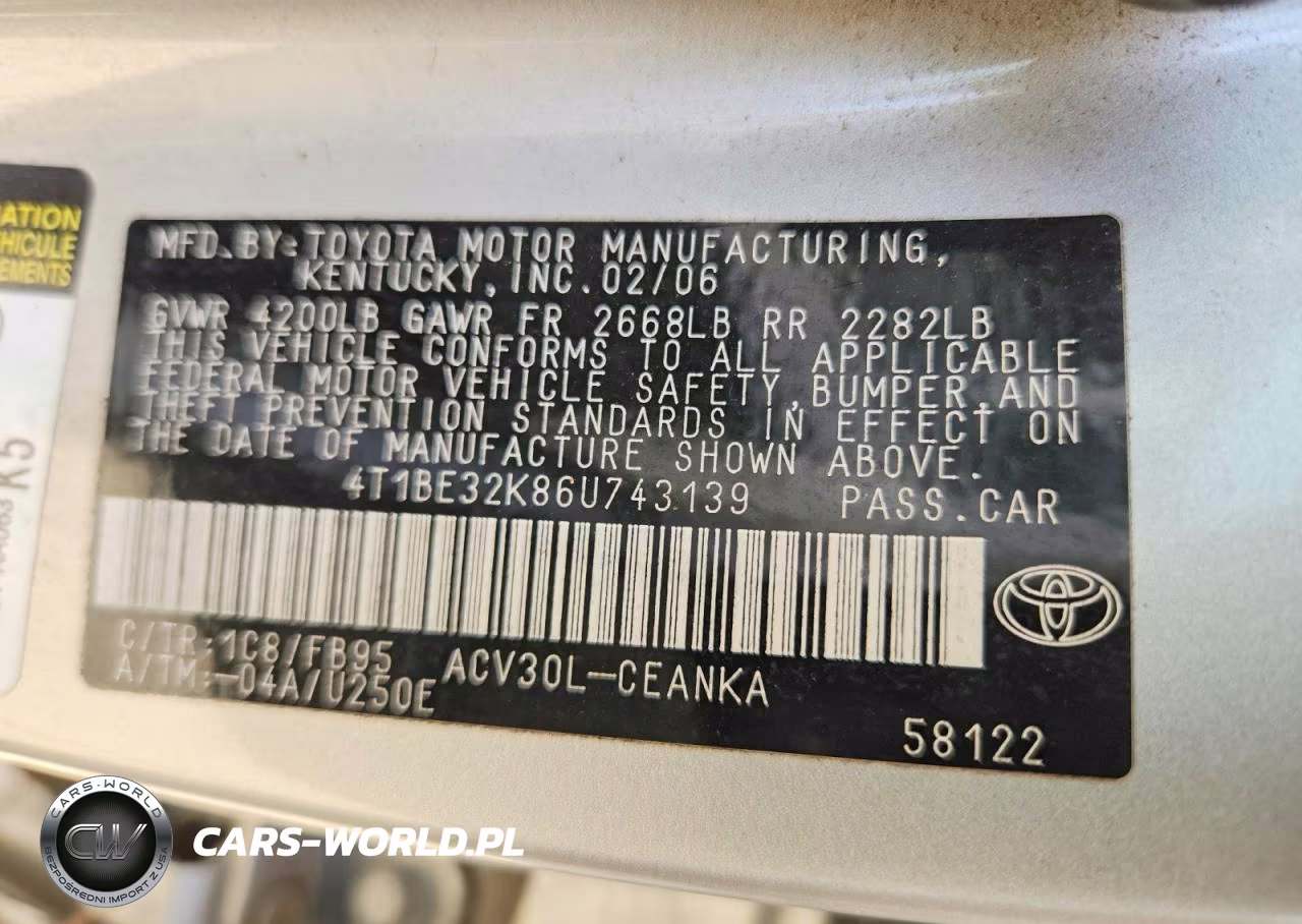 2006 Toyota Camry Standard VIN:4T1BE32K86U743139 - 12