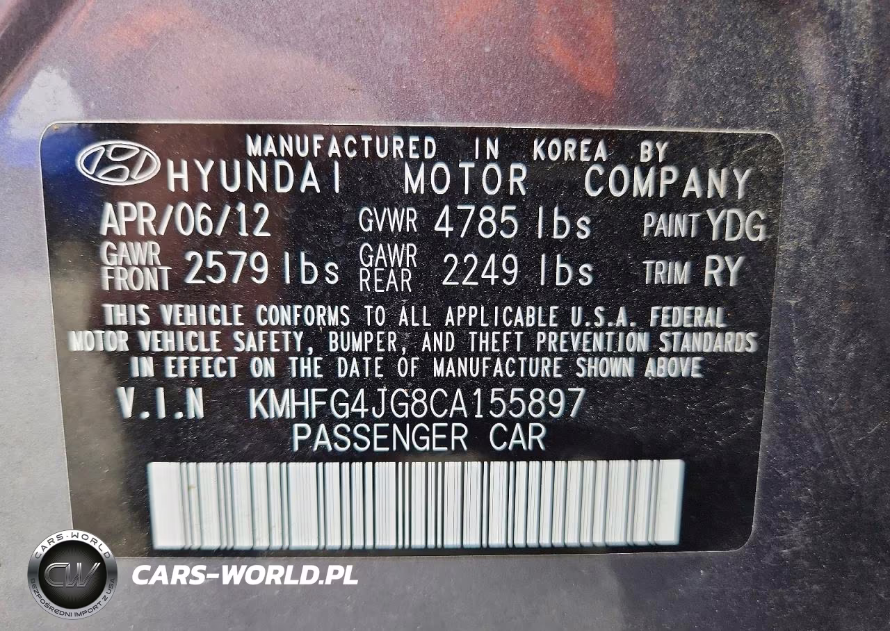 2012 Hyundai Azera Base VIN:KMHFG4JG8CA155897 - 12