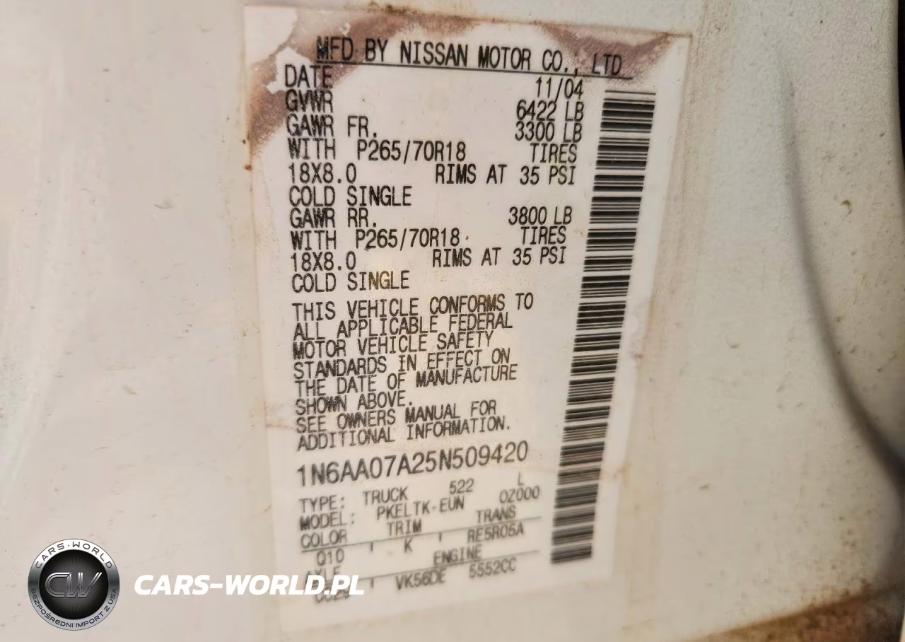 2005 Nissan Titan Xe VIN:1N6AA07A25N509420 - 12