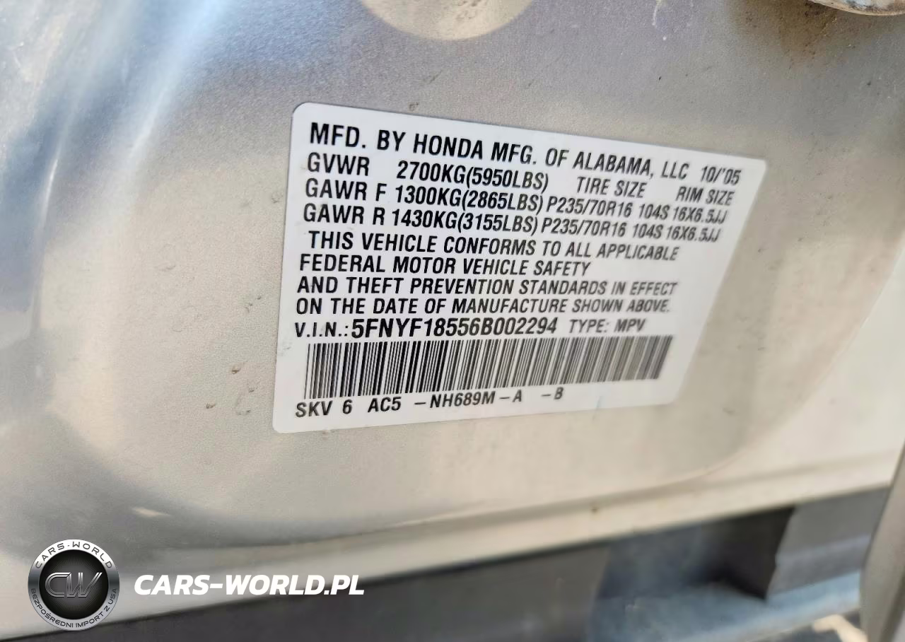2006 Honda Pilot Ex VIN:5FNYF18556B002294 - 13
