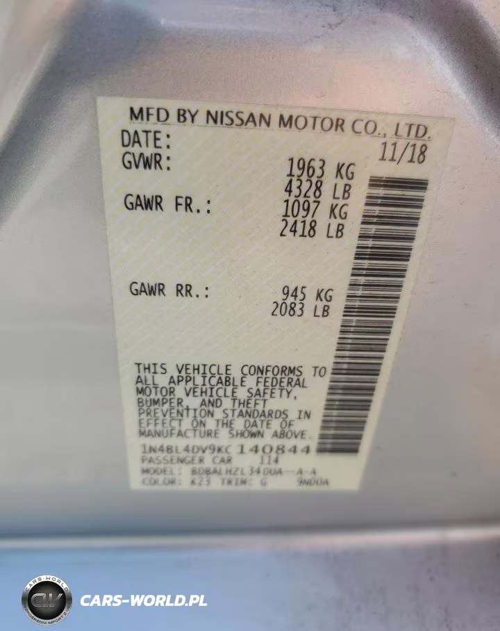 2019 Nissan Altima Sv VIN:1N4BL4DV9KC140844 - 12