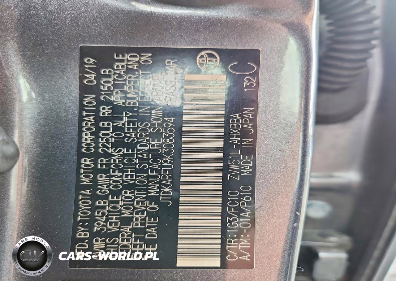 2019 Toyota Prius L Eco VIN:JTDKARFU9K3083594 - 13