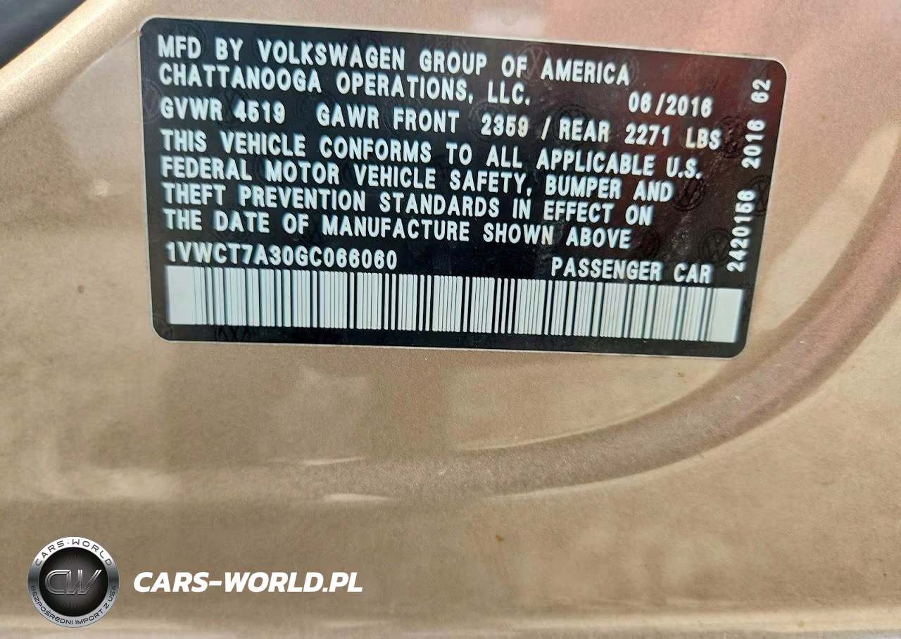 2016 Volkswagen Passat Sel VIN:1VWCT7A30GC066060 - 12