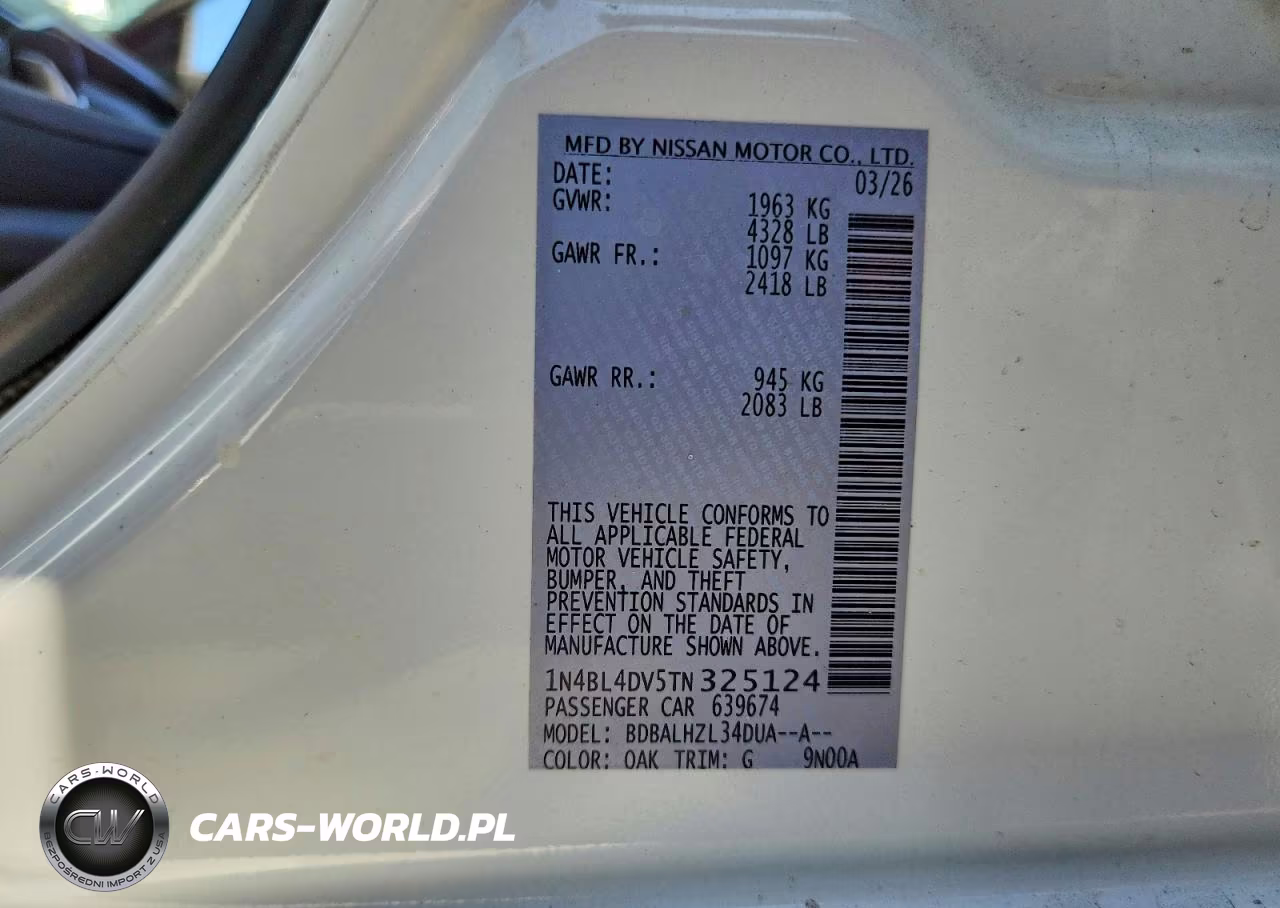 2026 Nissan Altima Sv VIN:1N4BL4DV5TN325124 - 12