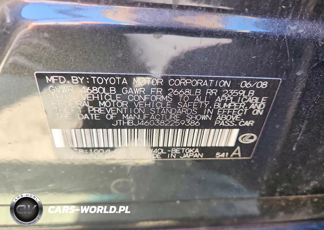 2008 Lexus Es 350 VIN:JTHBJ46G382259386 - 12