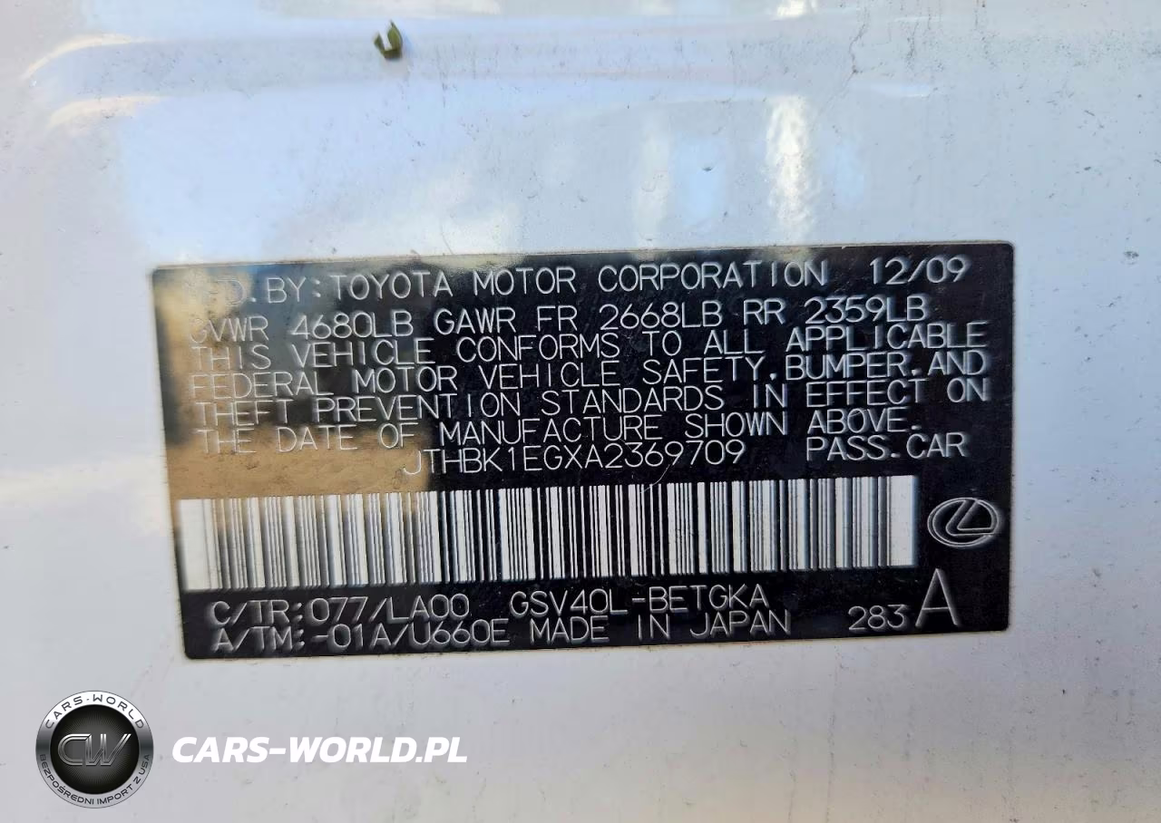 2010 Lexus Es 350 VIN:JTHBK1EGXA2369709 - 12